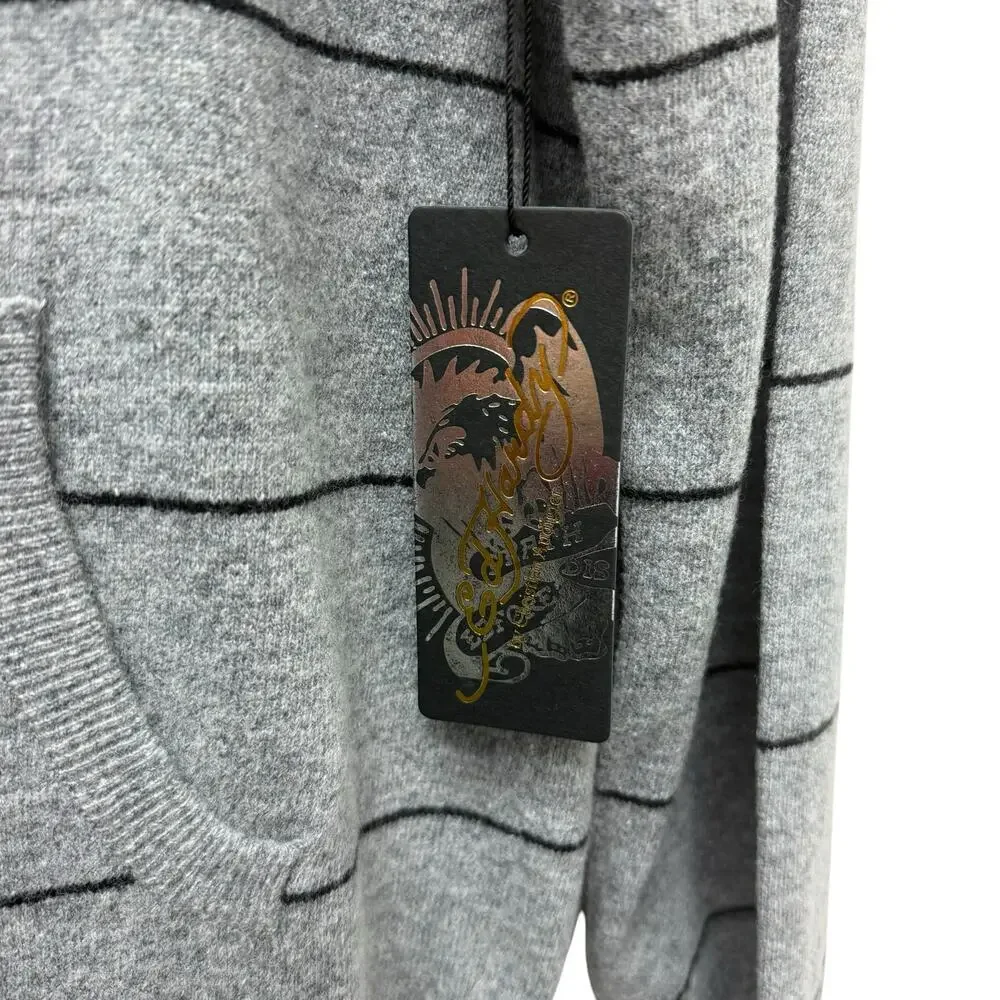 NWT Ed Hardy Mens‎ Patch Knitted Striped Zip Up Hoodie Sweater Gray Size L